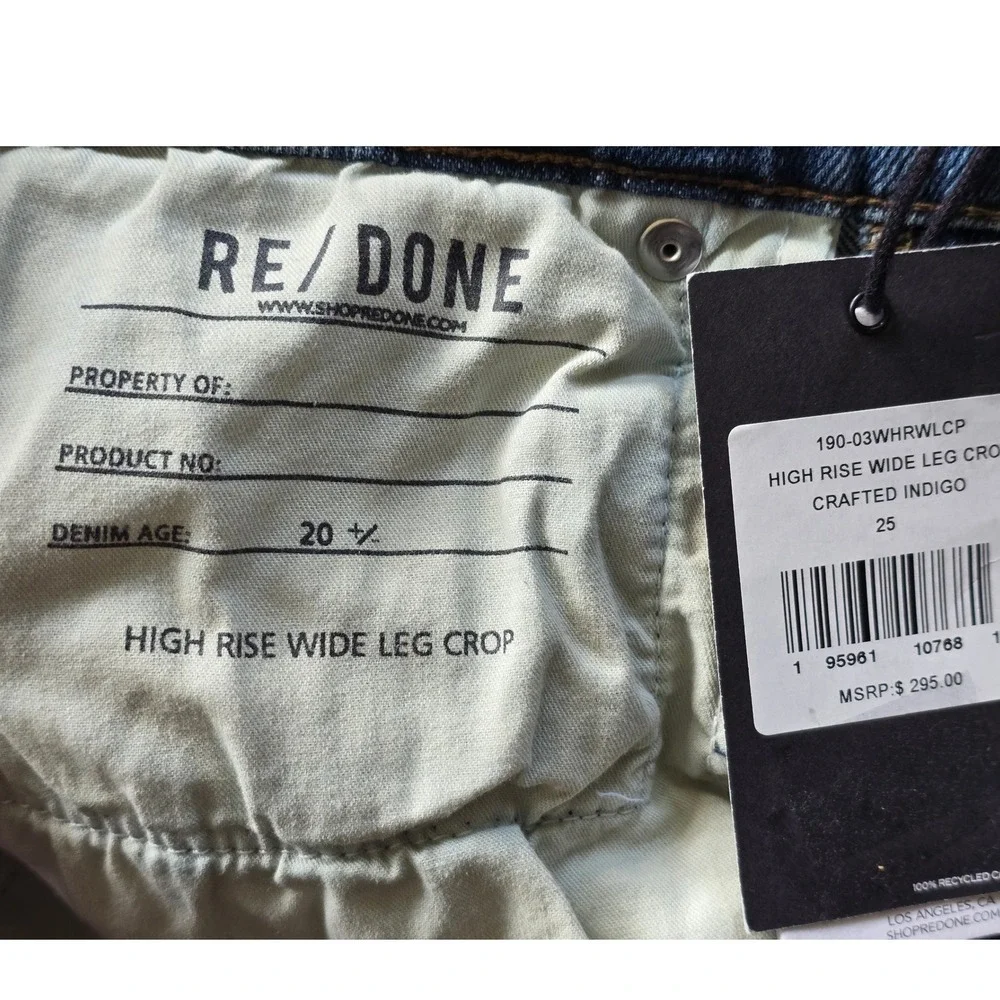 NWT RE/DONE High Rise Wide Leg Crop Jeans Crafted Indigo Blue Womens Size 25